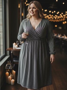 BloomChic Gunmetal Sparkle Wrap-Front Long Sleeve Dress